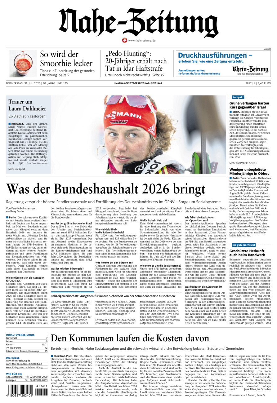 Nahe-Zeitung vom Donnerstag, 31.07.2025