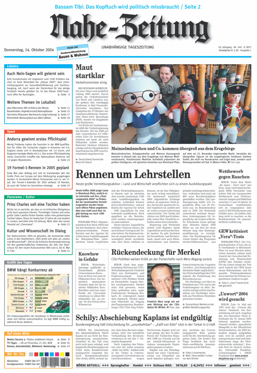 Nahe-Zeitung vom Donnerstag, 14.10.2004