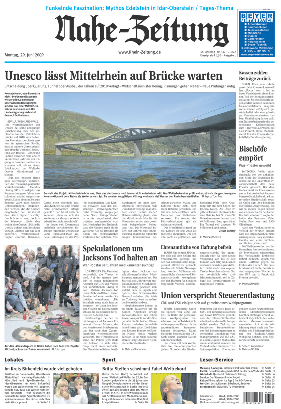 Nahe-Zeitung vom Montag, 29.06.2009