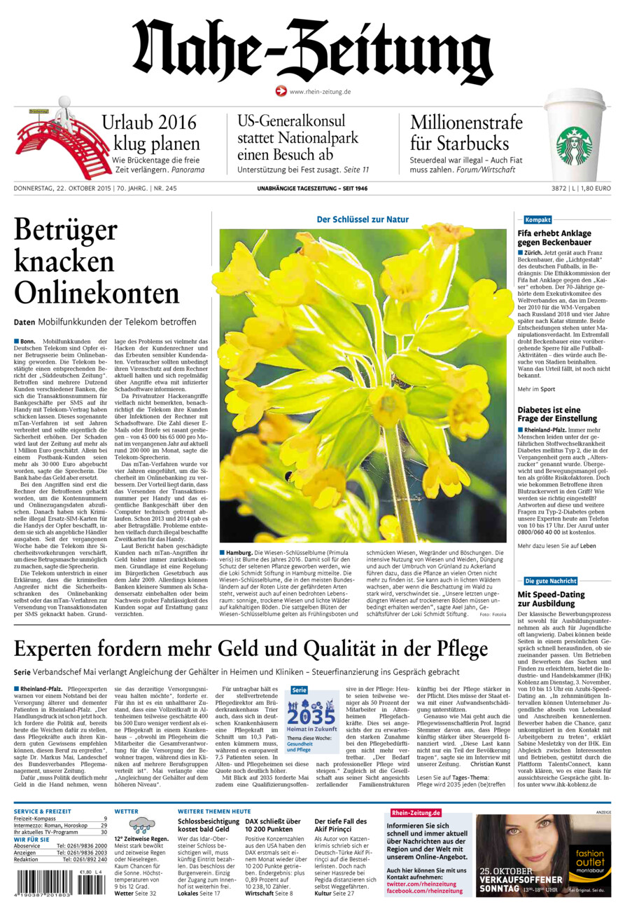 Nahe-Zeitung vom Donnerstag, 22.10.2015