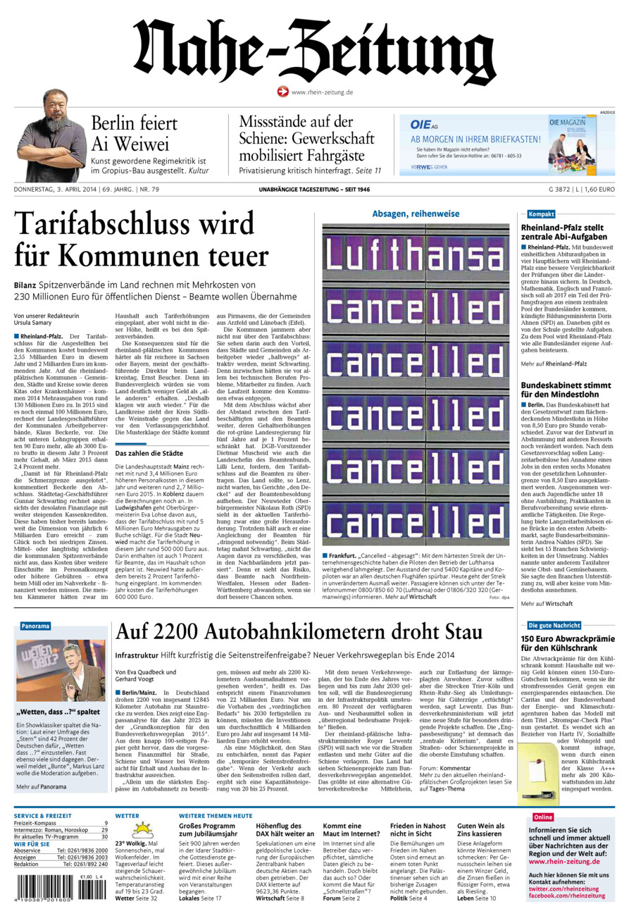 Nahe-Zeitung vom Donnerstag, 03.04.2014