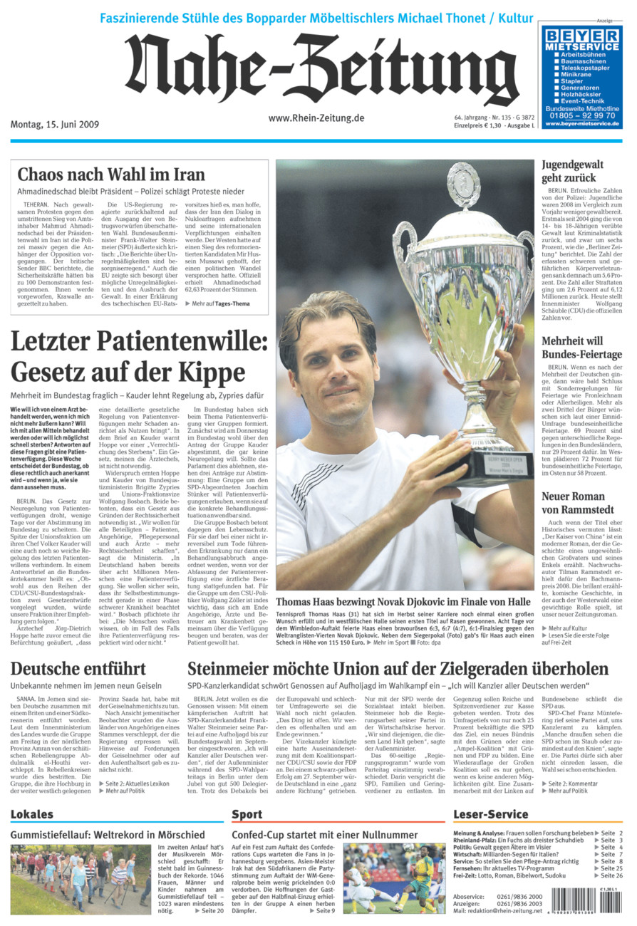 Nahe-Zeitung vom Montag, 15.06.2009