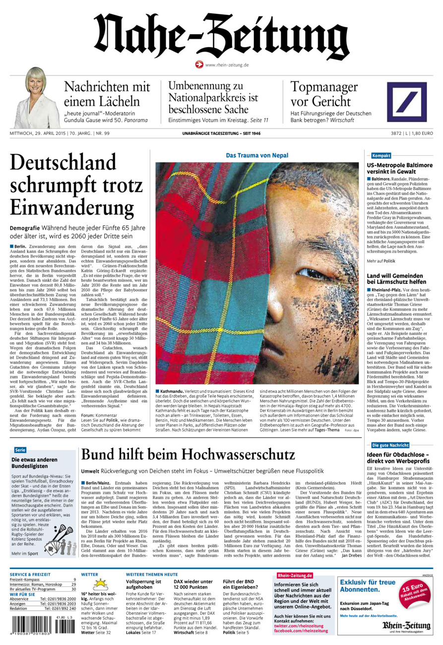 Nahe-Zeitung vom Mittwoch, 29.04.2015