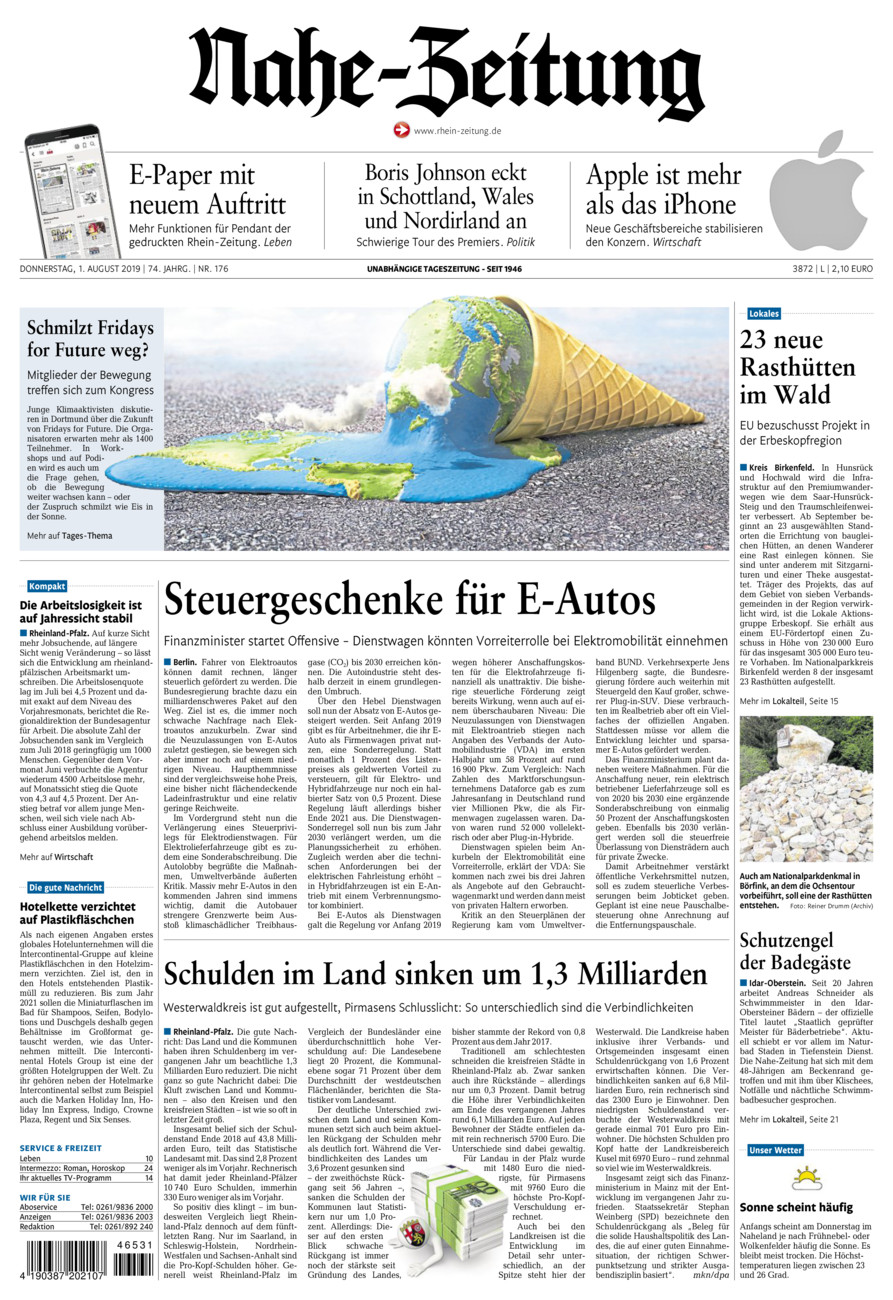 Nahe-Zeitung vom Donnerstag, 01.08.2019