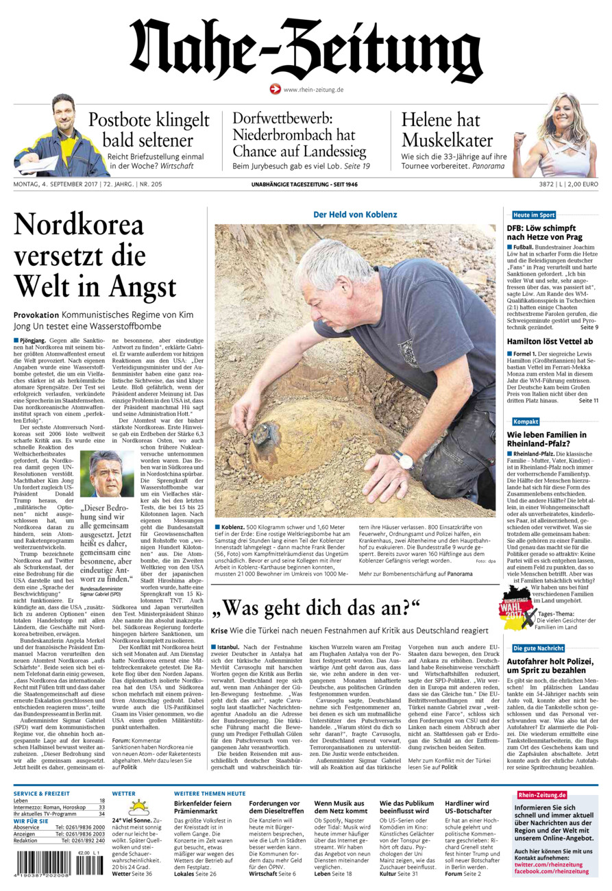 Nahe-Zeitung vom Montag, 04.09.2017