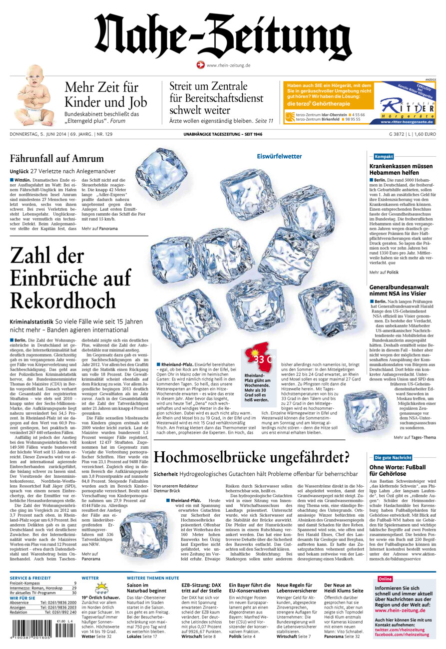 Nahe-Zeitung vom Donnerstag, 05.06.2014