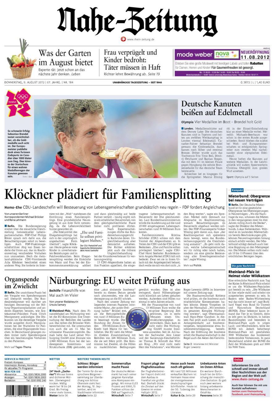 Nahe-Zeitung vom Donnerstag, 09.08.2012