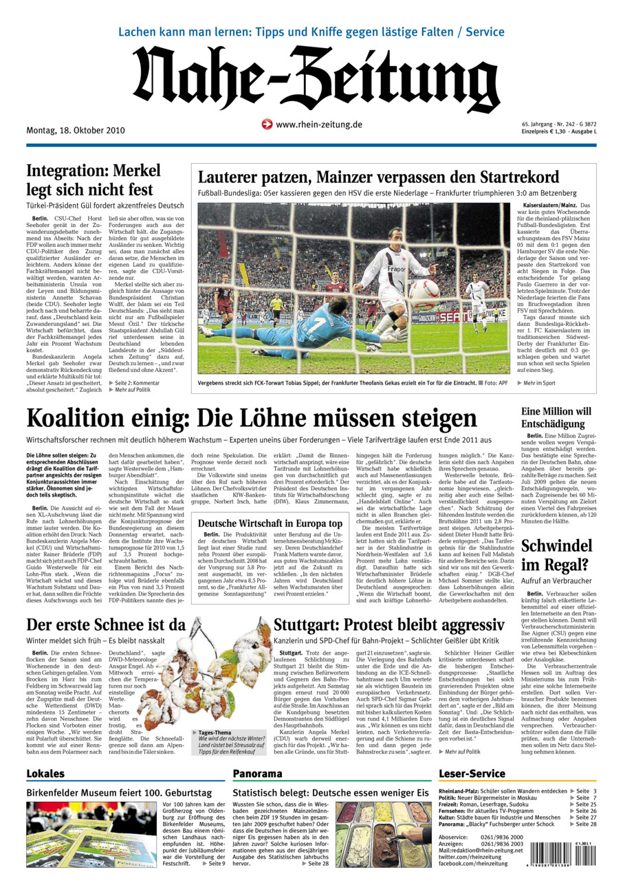 Nahe-Zeitung vom Montag, 18.10.2010
