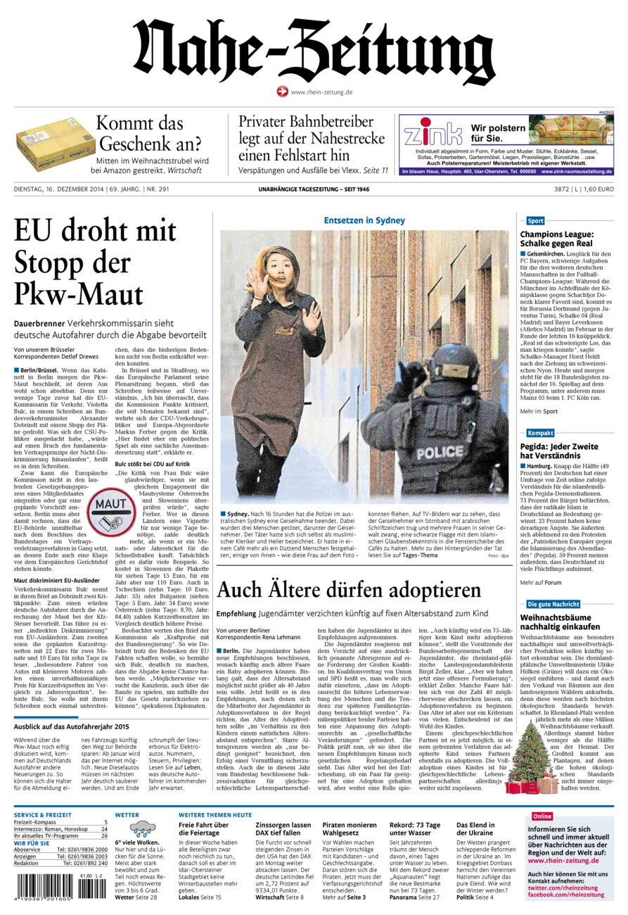 Nahe-Zeitung vom Dienstag, 16.12.2014