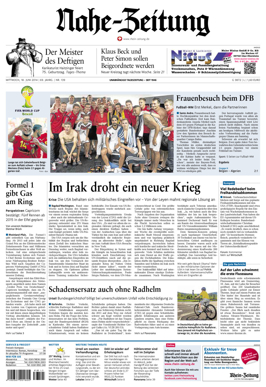 Nahe-Zeitung vom Mittwoch, 18.06.2014