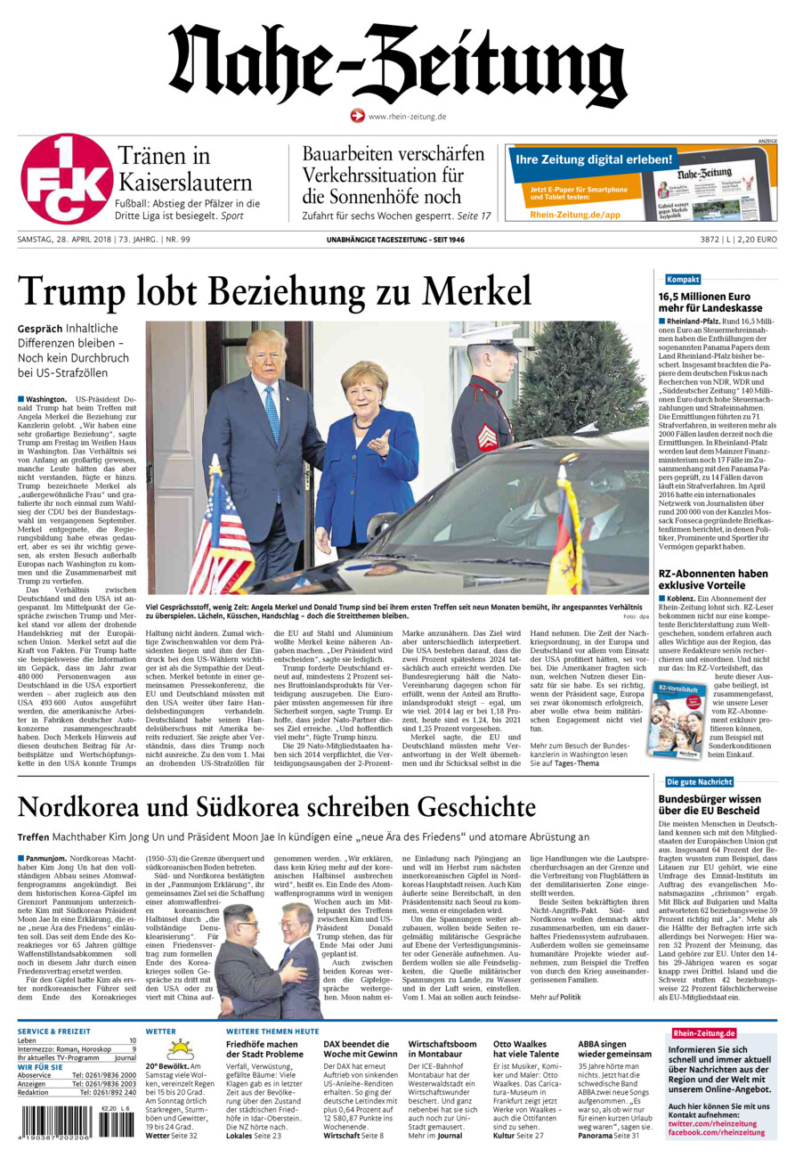 Nahe-Zeitung vom Samstag, 28.04.2018