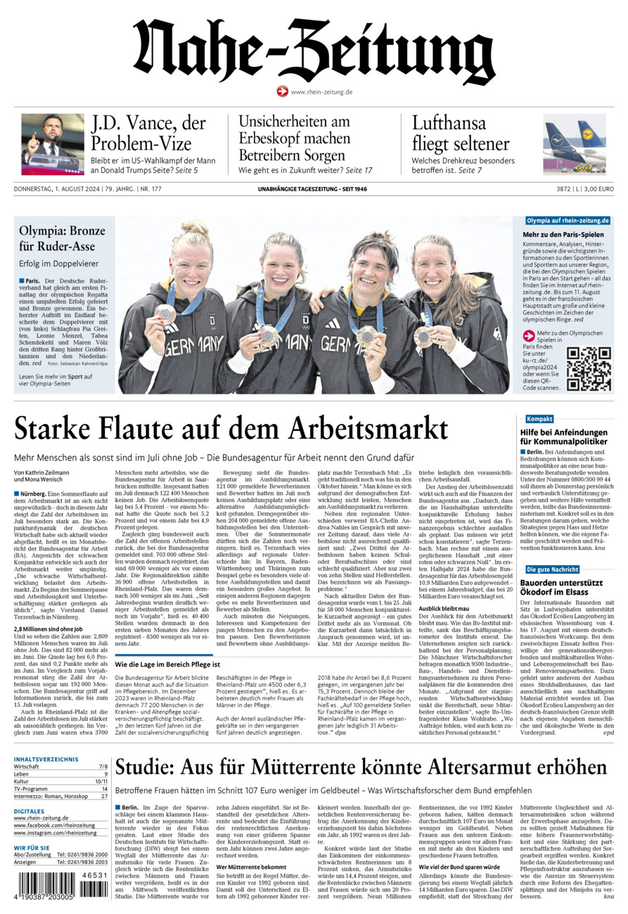 Nahe-Zeitung vom Donnerstag, 01.08.2024