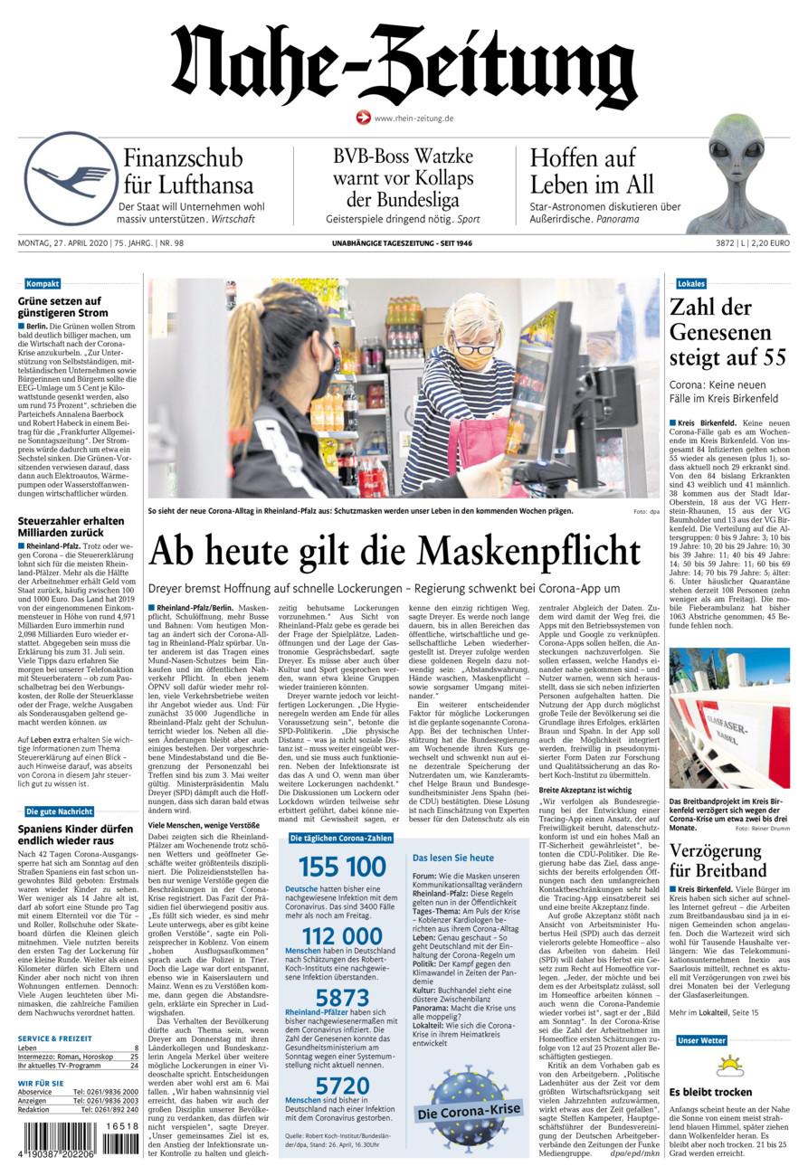 Nahe-Zeitung vom Montag, 27.04.2020
