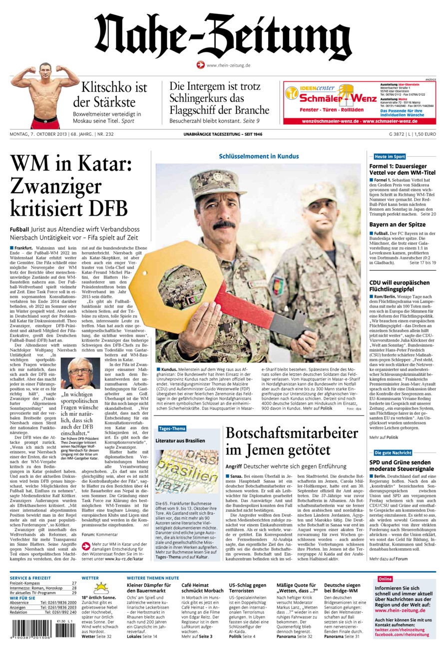 Nahe-Zeitung vom Montag, 07.10.2013