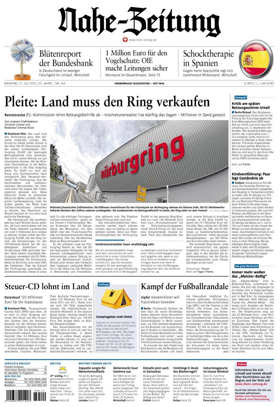 Nahe-Zeitung vom Dienstag, 17.07.2012