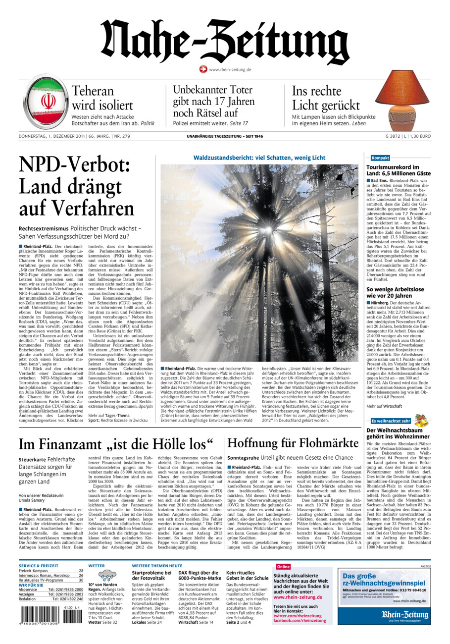 Nahe-Zeitung vom Donnerstag, 01.12.2011