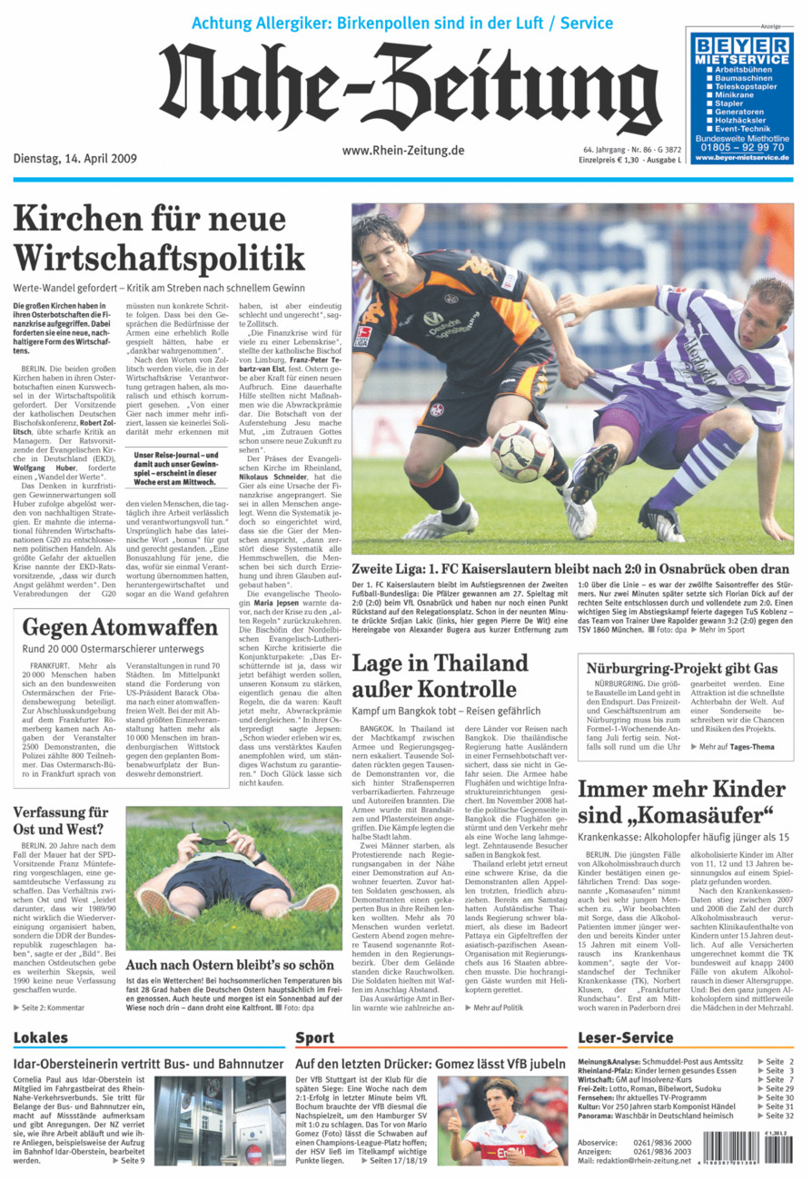 Nahe-Zeitung vom Dienstag, 14.04.2009