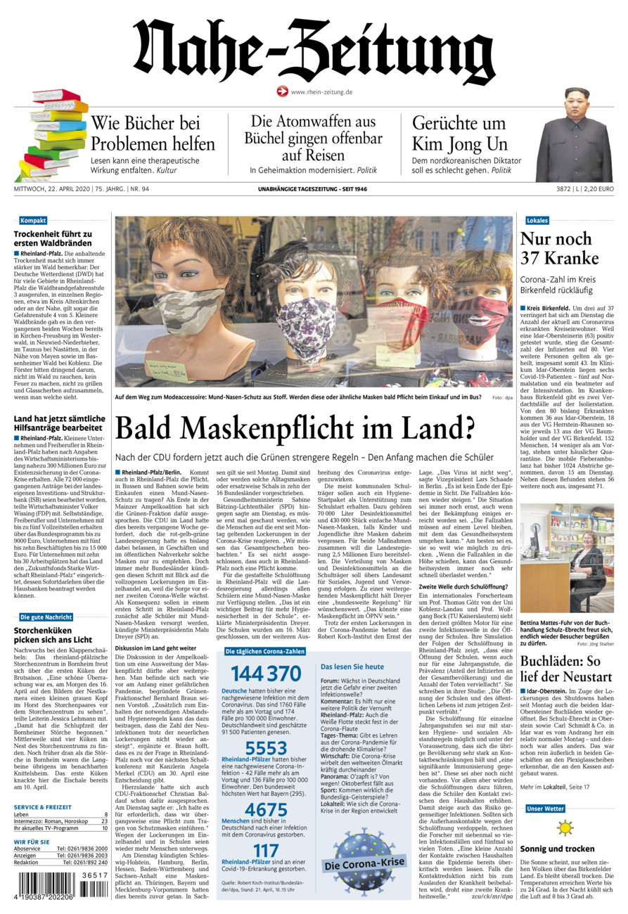 Nahe-Zeitung vom Mittwoch, 22.04.2020