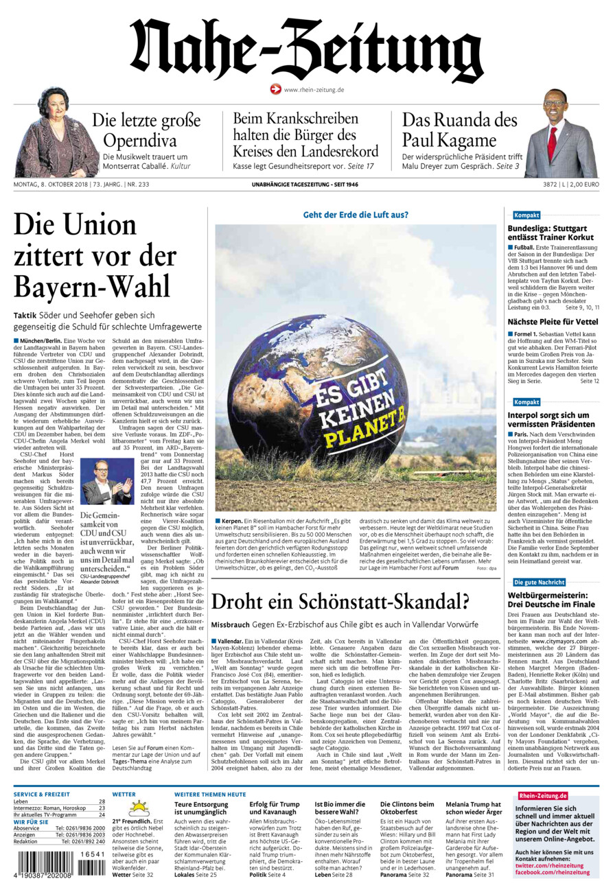 Nahe-Zeitung vom Montag, 08.10.2018
