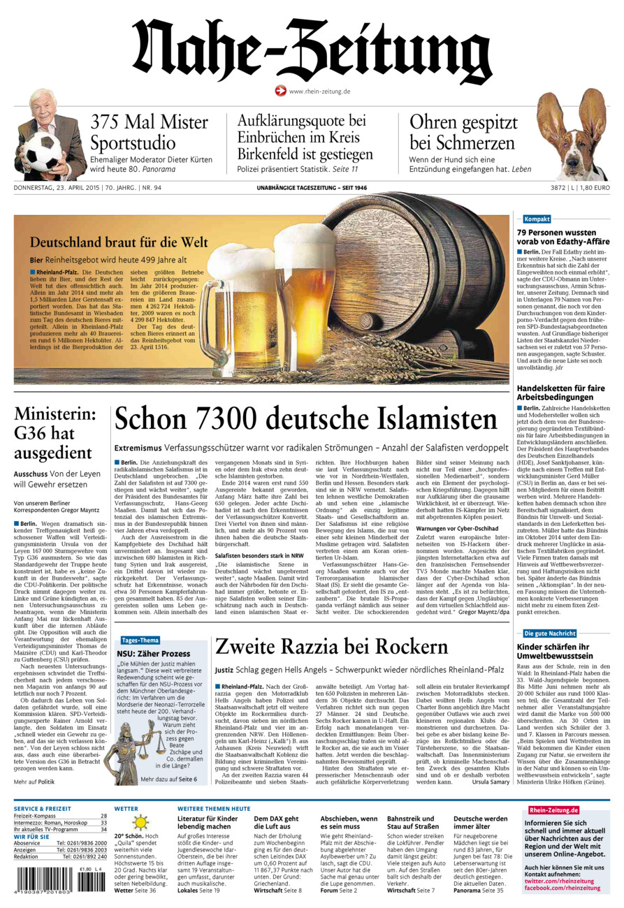 Nahe-Zeitung vom Donnerstag, 23.04.2015