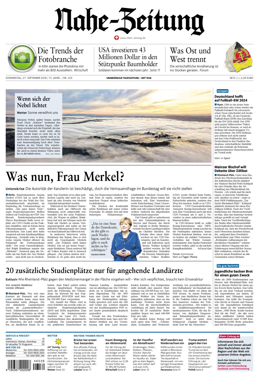 Nahe-Zeitung vom Donnerstag, 27.09.2018