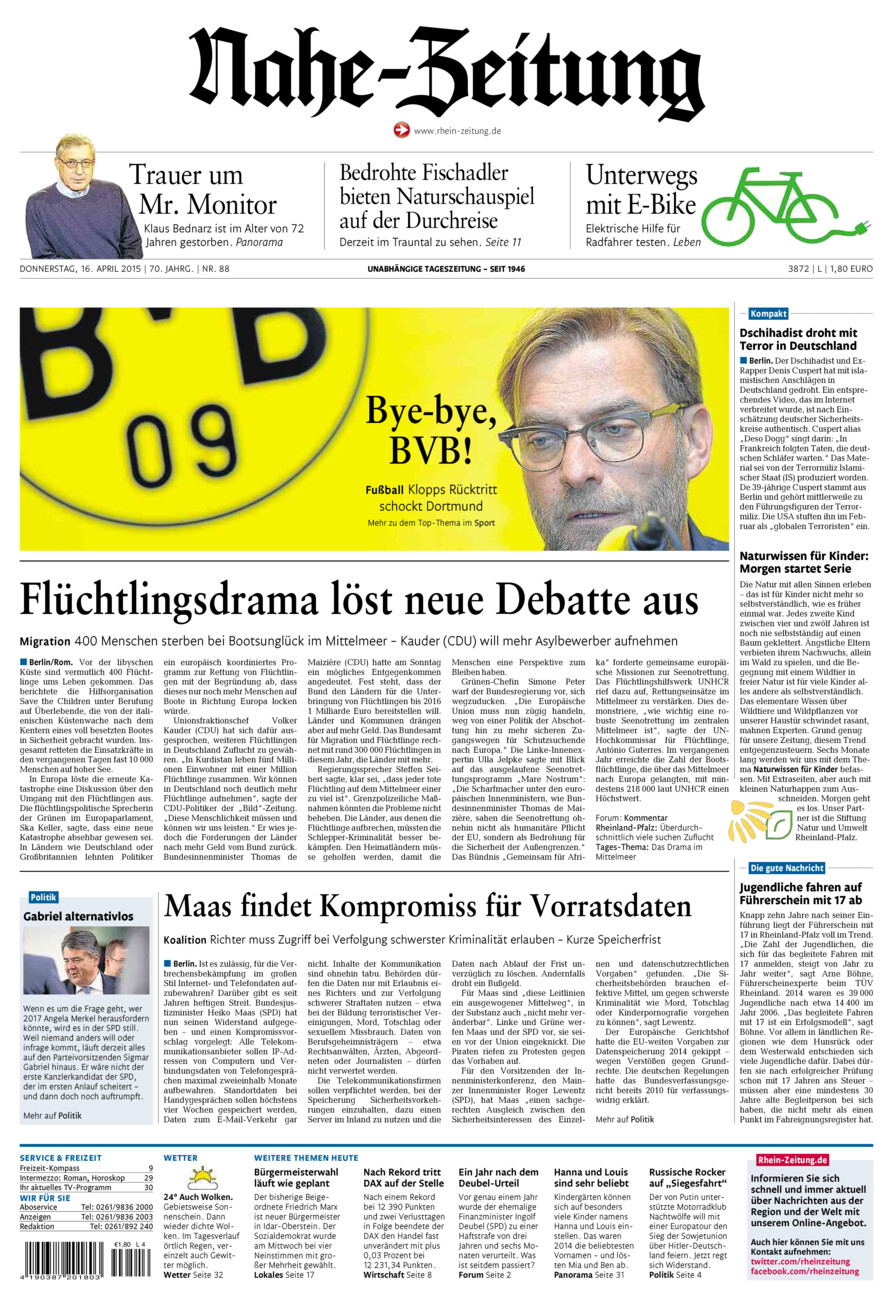 Nahe-Zeitung vom Donnerstag, 16.04.2015