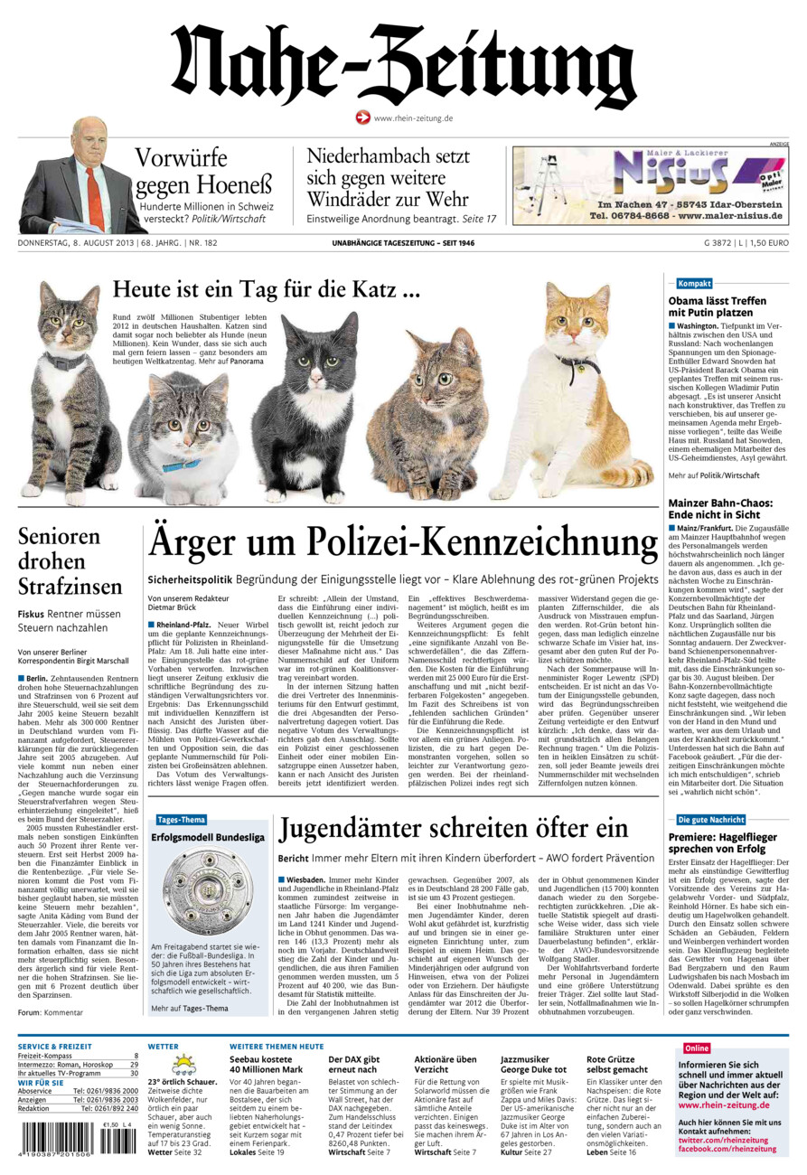 Nahe-Zeitung vom Donnerstag, 08.08.2013