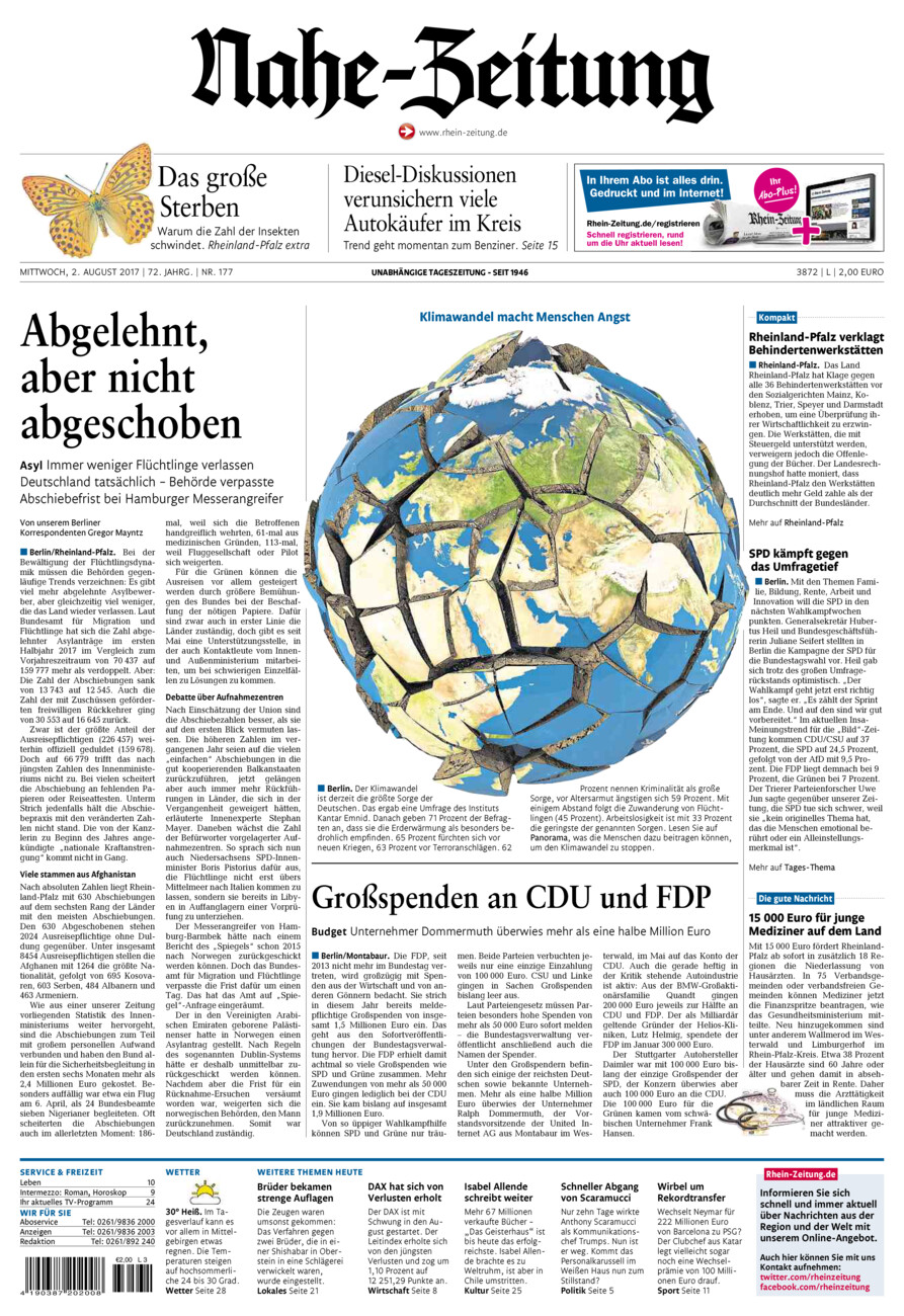 Nahe-Zeitung vom Mittwoch, 02.08.2017
