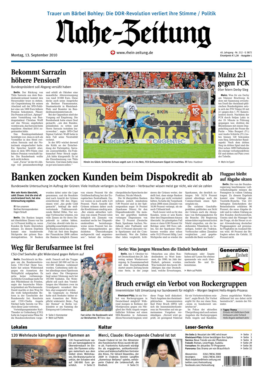 Nahe-Zeitung vom Montag, 13.09.2010
