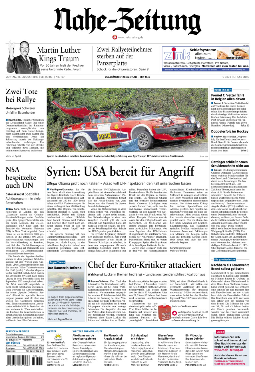 Nahe-Zeitung vom Montag, 26.08.2013