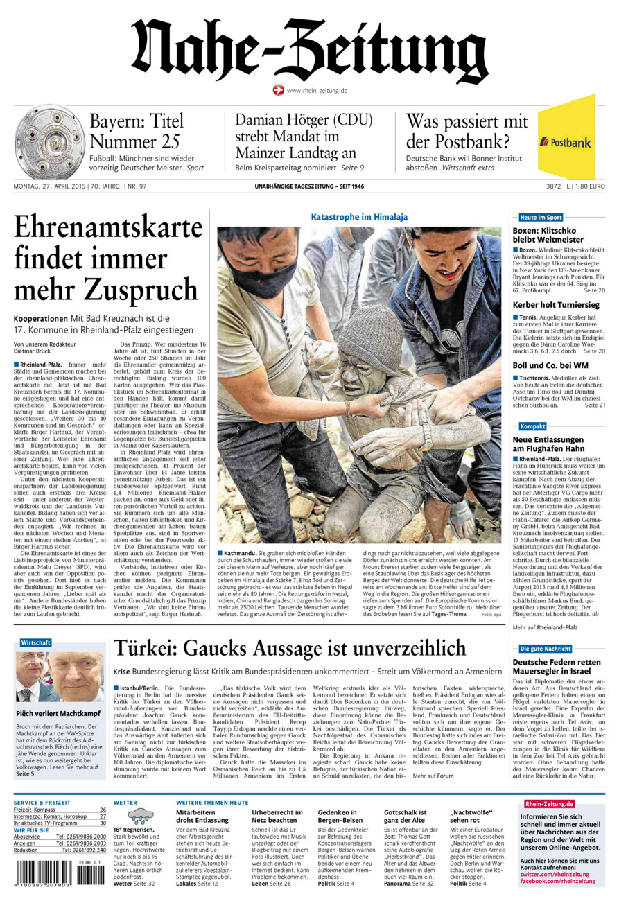 Nahe-Zeitung vom Montag, 27.04.2015
