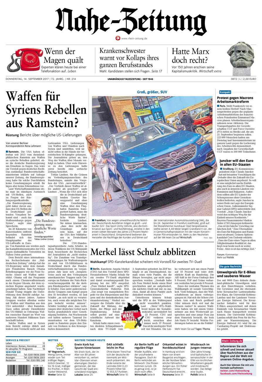 Nahe-Zeitung vom Donnerstag, 14.09.2017