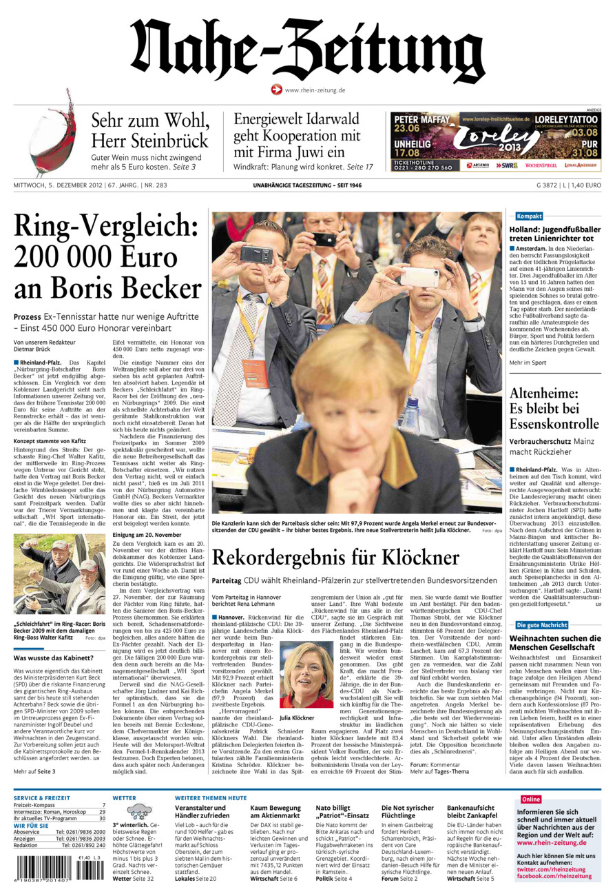 Nahe-Zeitung vom Mittwoch, 05.12.2012