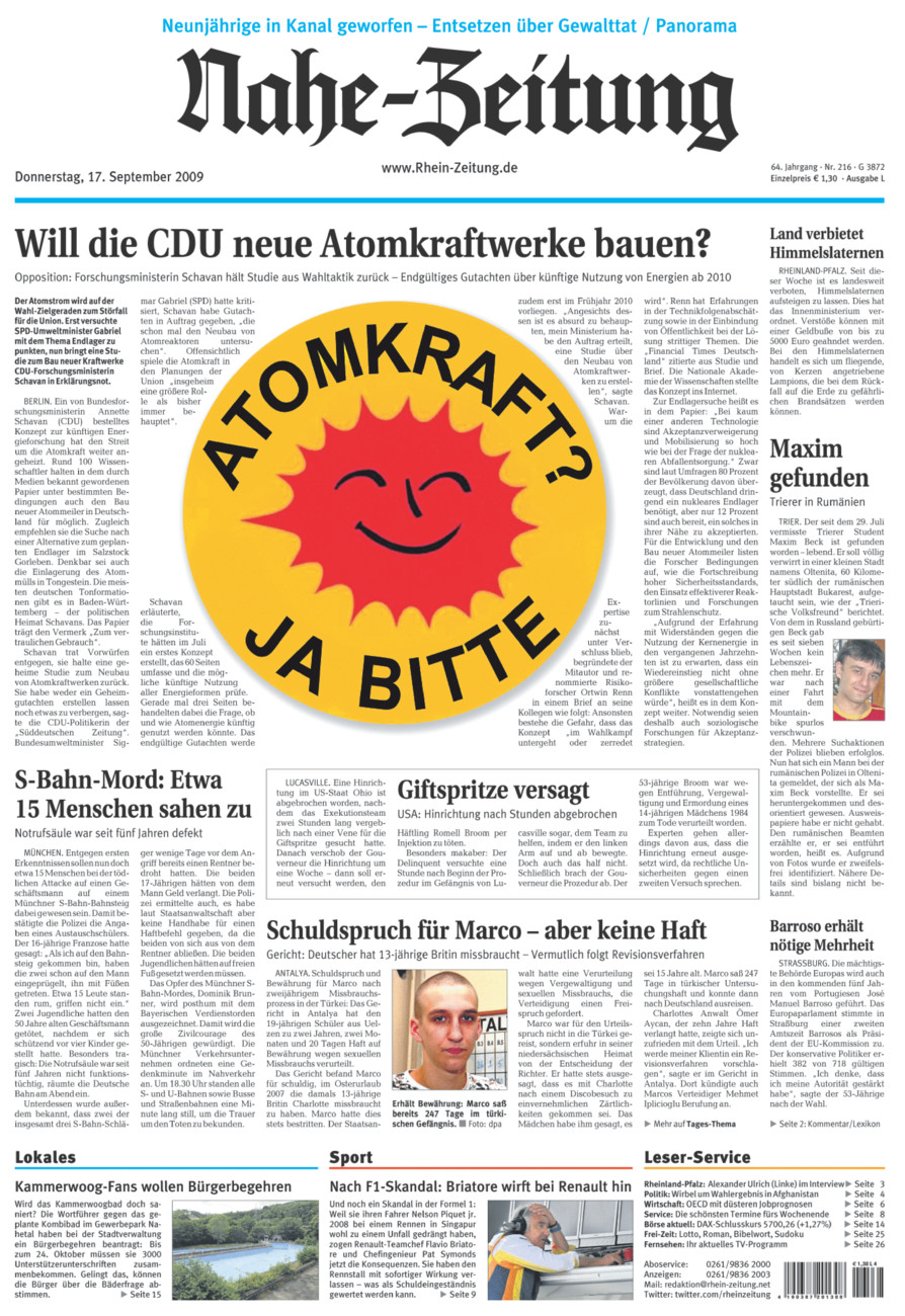 Nahe-Zeitung vom Donnerstag, 17.09.2009