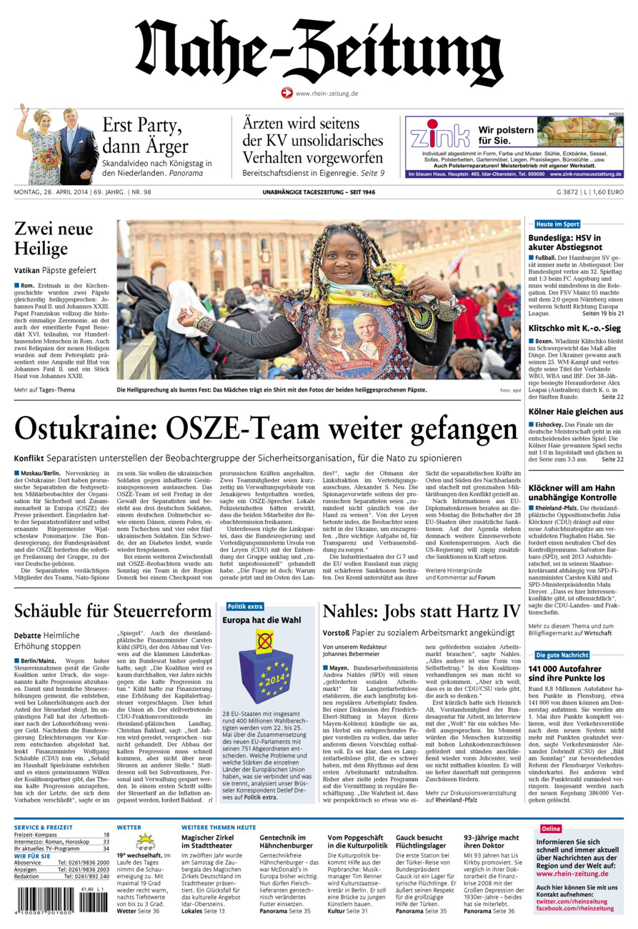 Nahe-Zeitung vom Montag, 28.04.2014