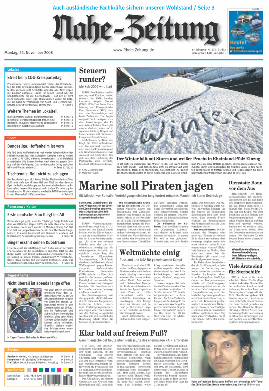Nahe-Zeitung vom Montag, 24.11.2008