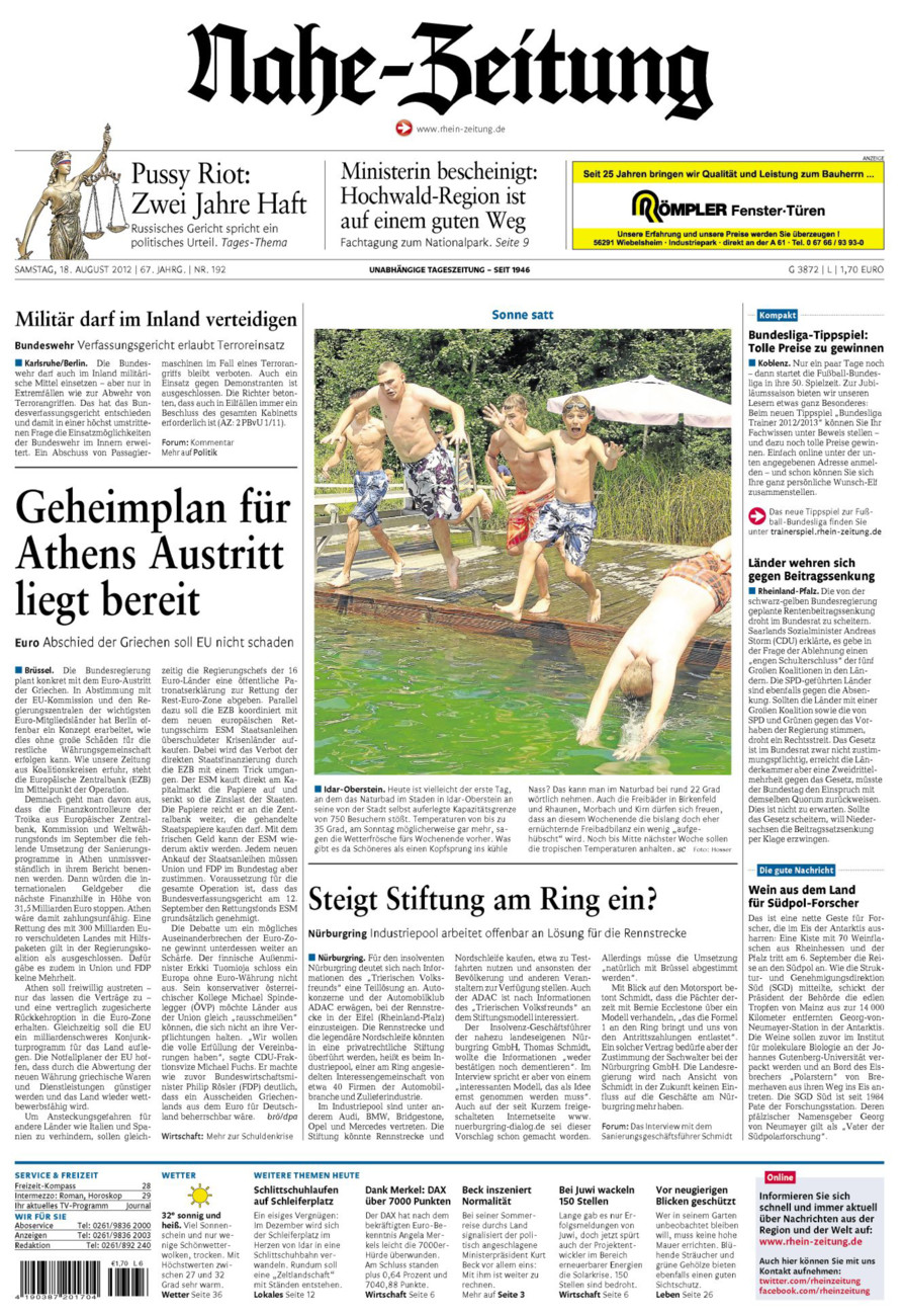 Nahe-Zeitung vom Samstag, 18.08.2012