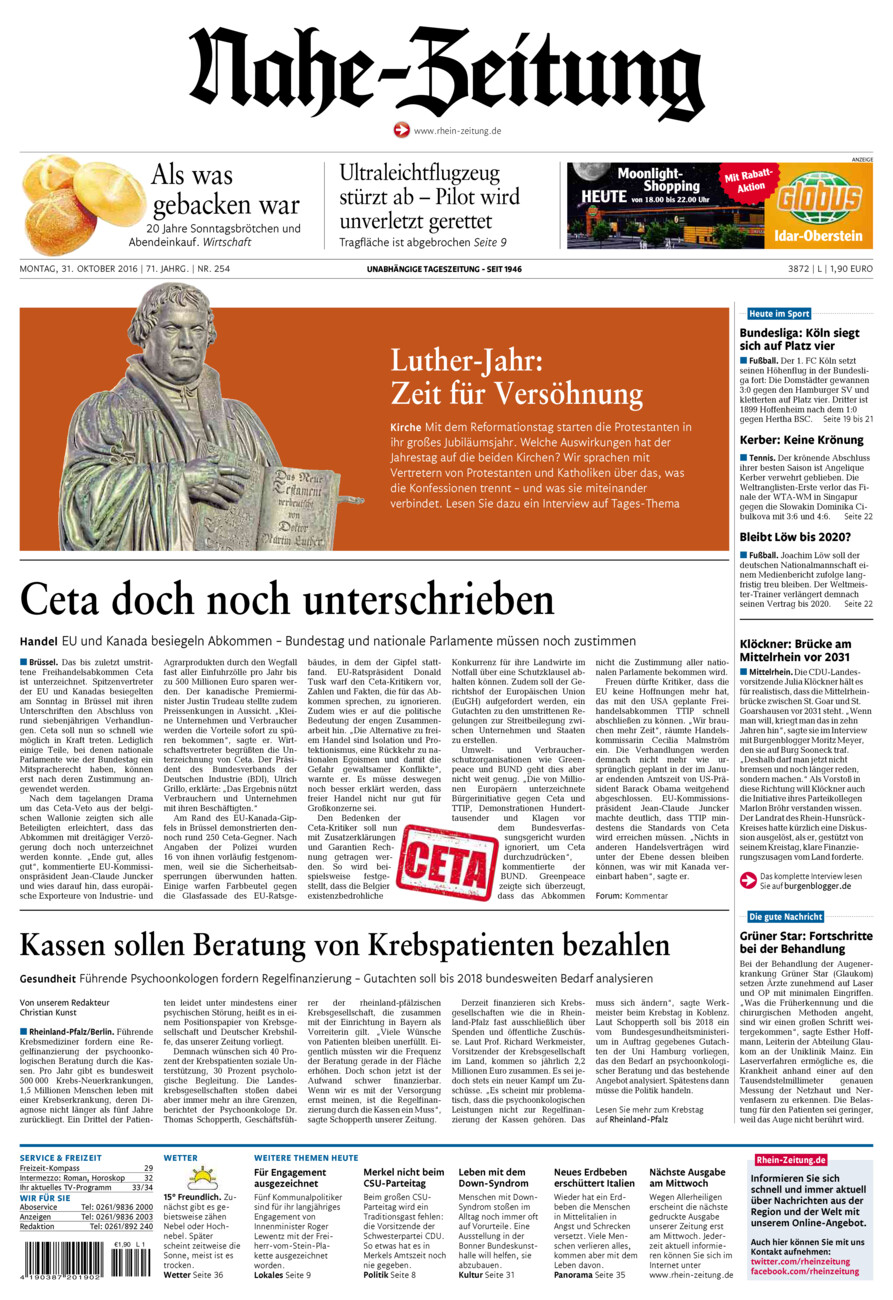 Nahe-Zeitung vom Montag, 31.10.2016