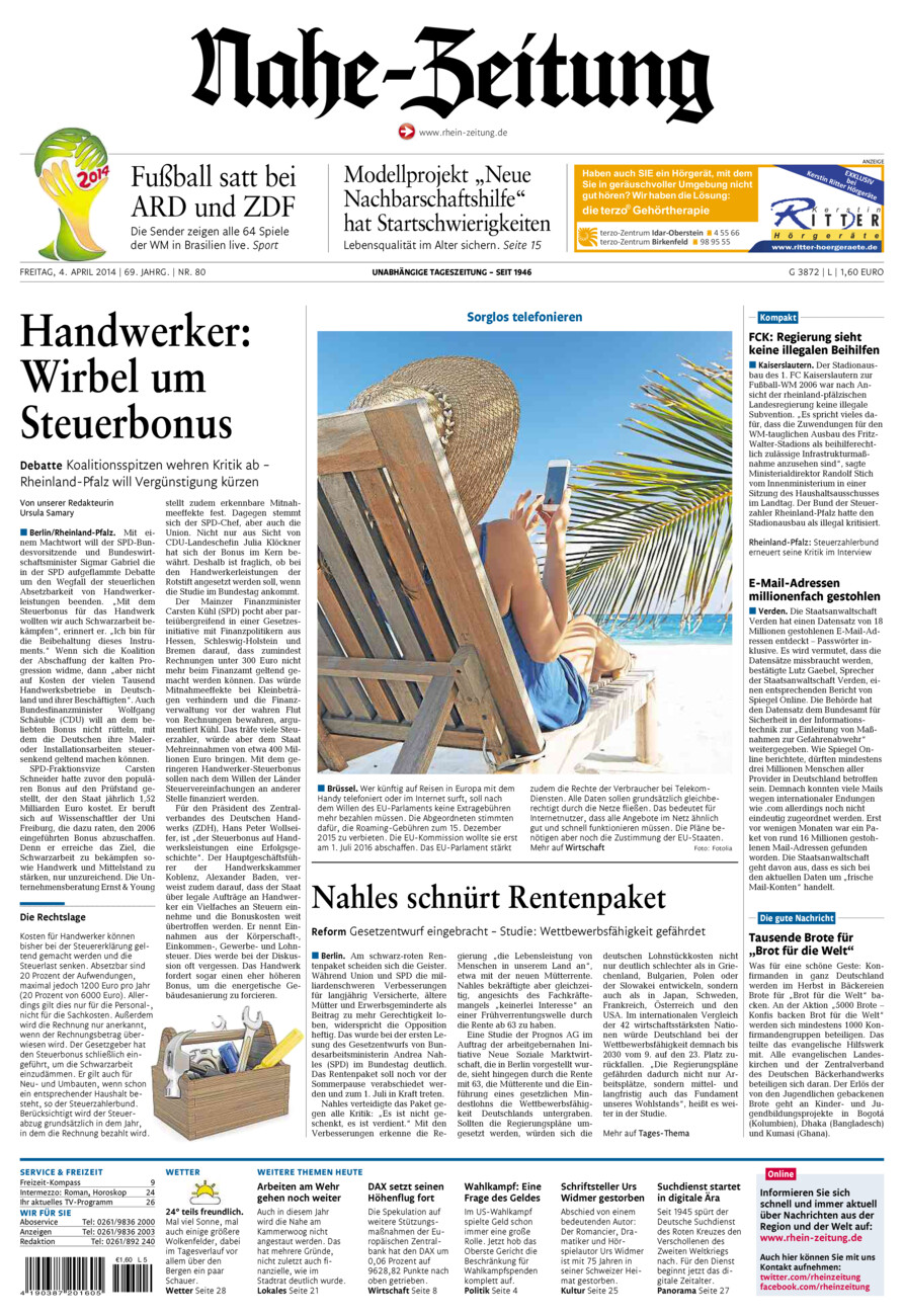 Nahe-Zeitung vom Freitag, 04.04.2014
