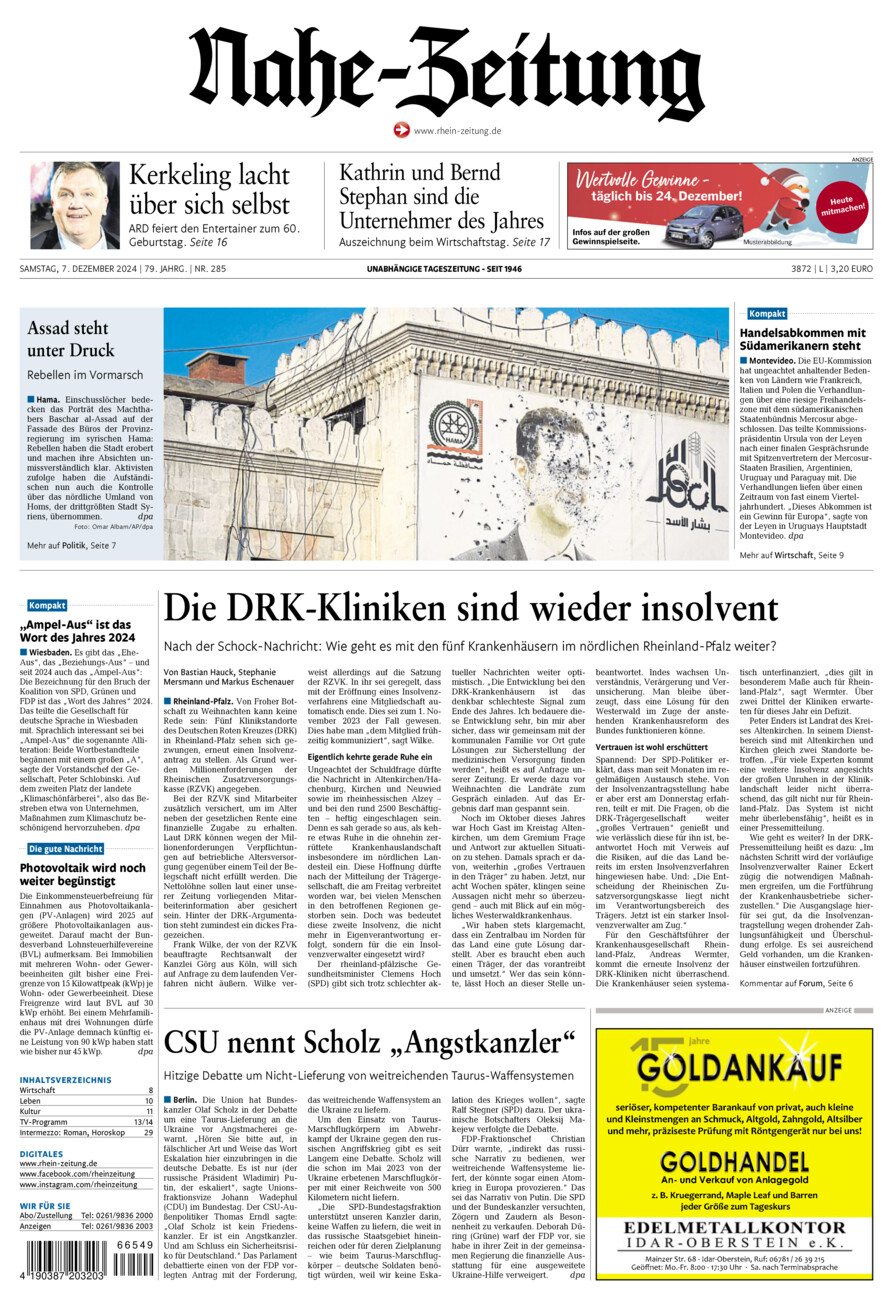 Nahe-Zeitung vom Samstag, 07.12.2024