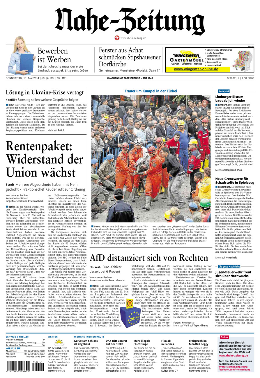Nahe-Zeitung vom Donnerstag, 15.05.2014