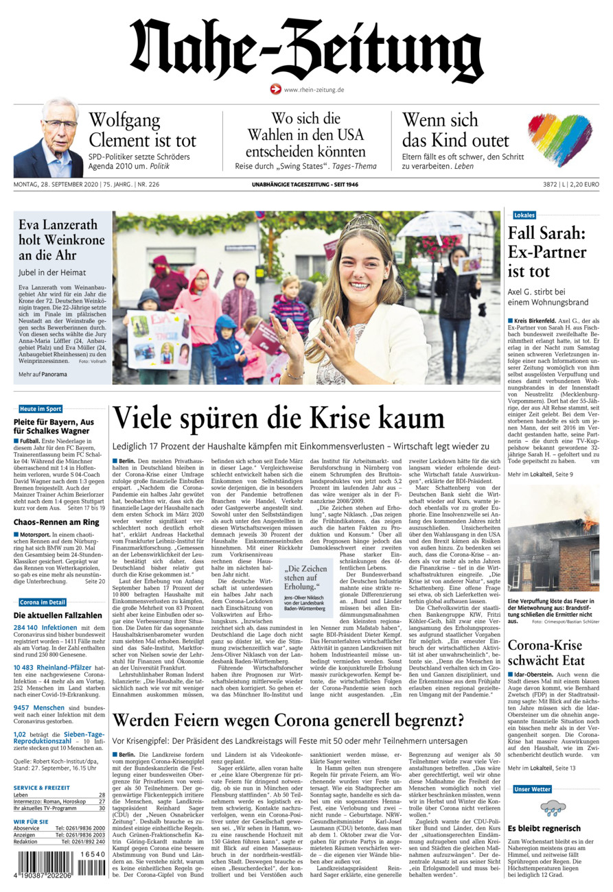 Nahe-Zeitung vom Montag, 28.09.2020