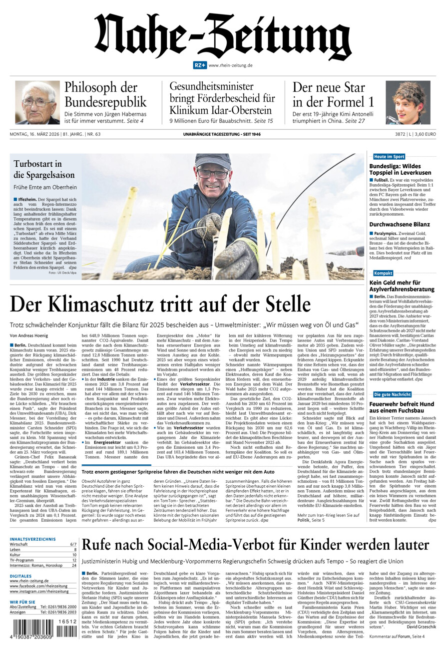 Nahe-Zeitung vom Montag, 16.03.2026