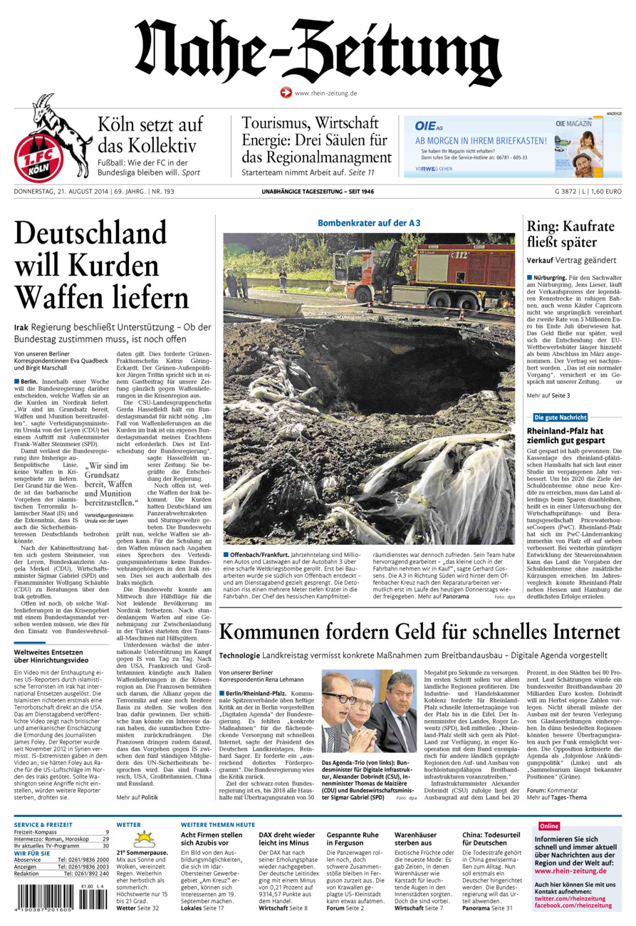 Nahe-Zeitung vom Donnerstag, 21.08.2014