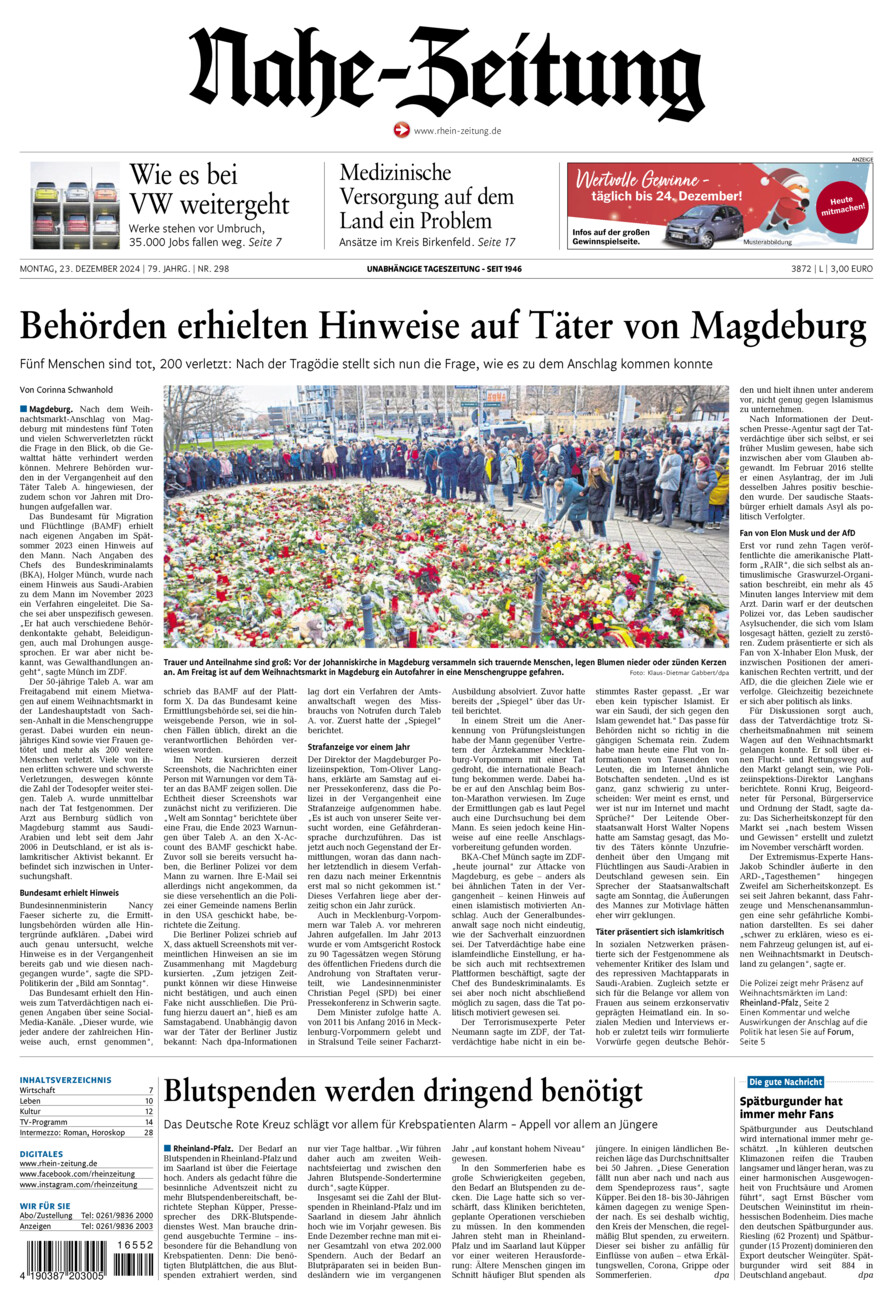 Nahe-Zeitung vom Montag, 23.12.2024