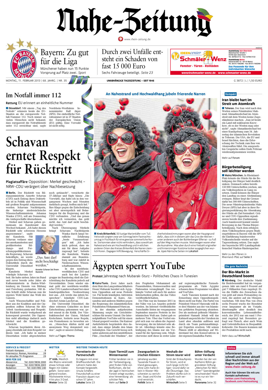 Nahe-Zeitung vom Montag, 11.02.2013