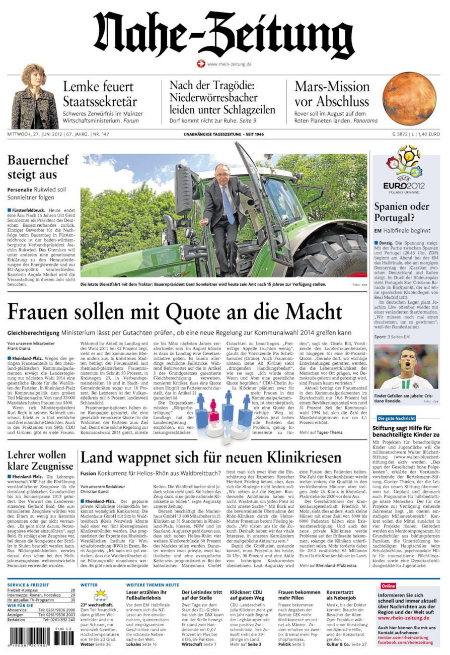 Nahe-Zeitung vom Mittwoch, 27.06.2012