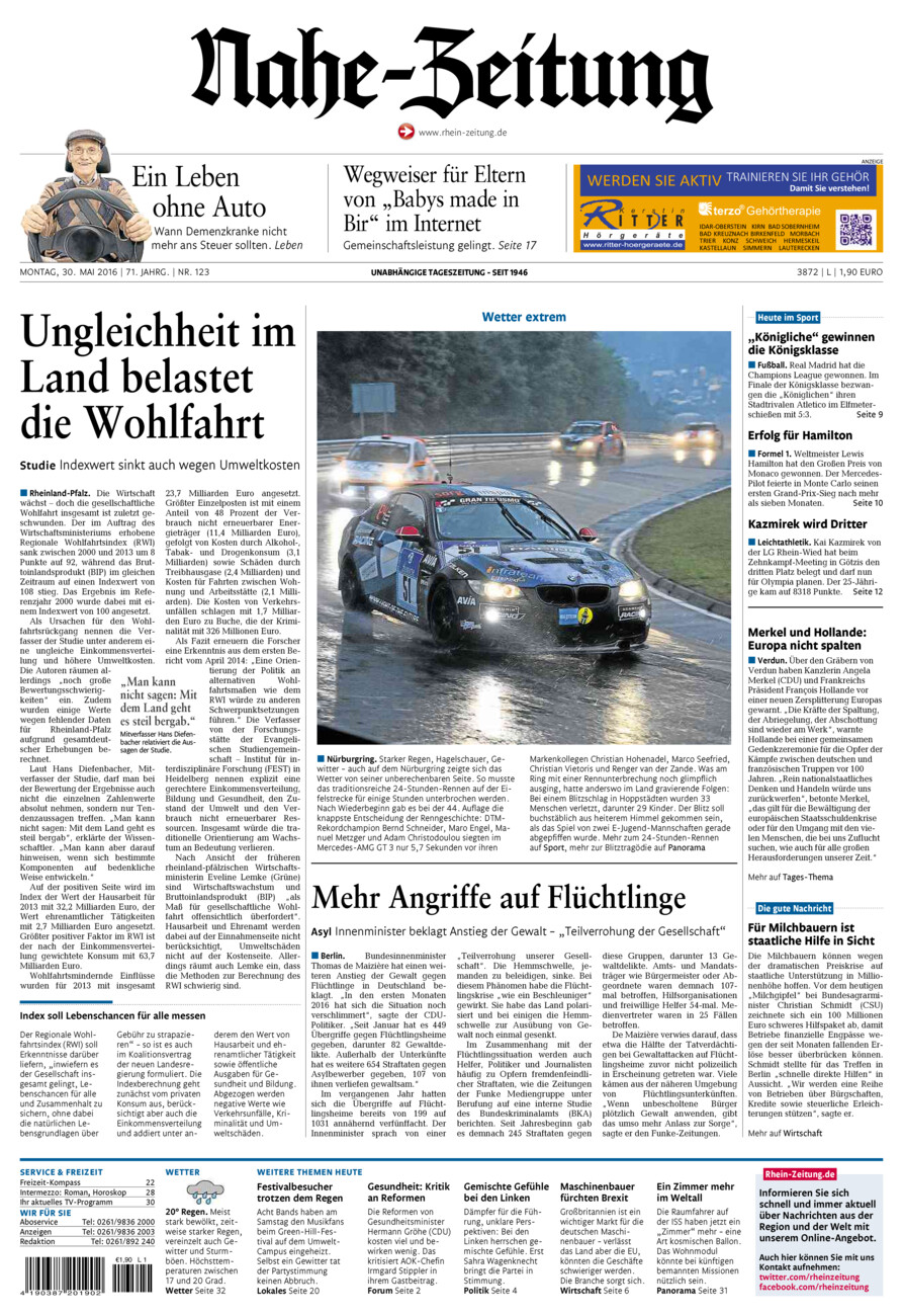 Nahe-Zeitung vom Montag, 30.05.2016