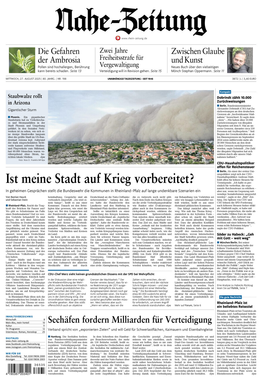 Nahe-Zeitung vom Mittwoch, 27.08.2025