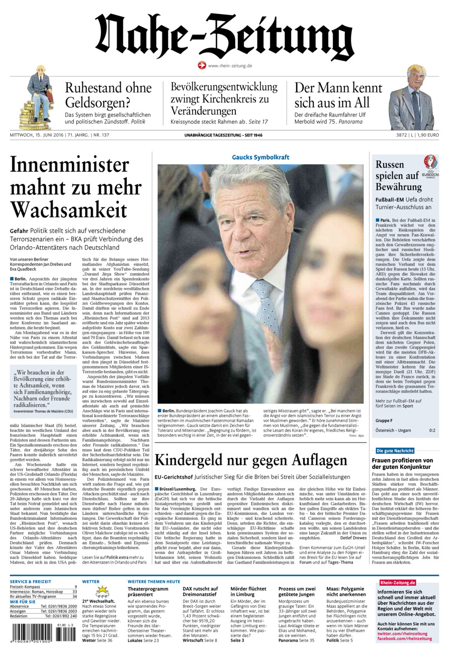 Nahe-Zeitung vom Mittwoch, 15.06.2016